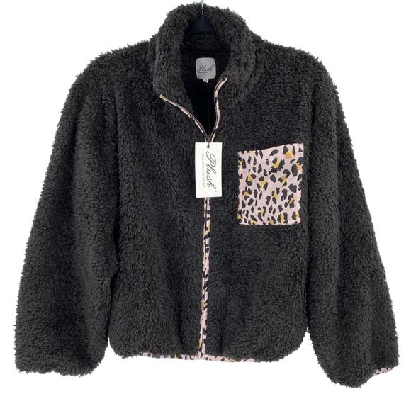 Plush Apparel Womens Black Full Zip Fleece Jacket Cheetah Print Pocket Small S - Picture 1 of 12